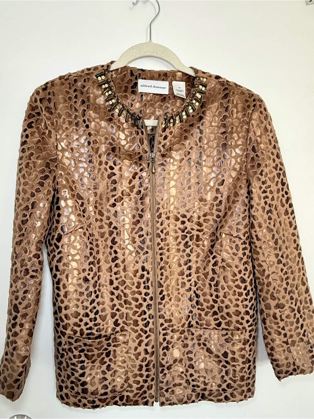 Alfred Dunner Womens Brown Leopard Zip Jacket